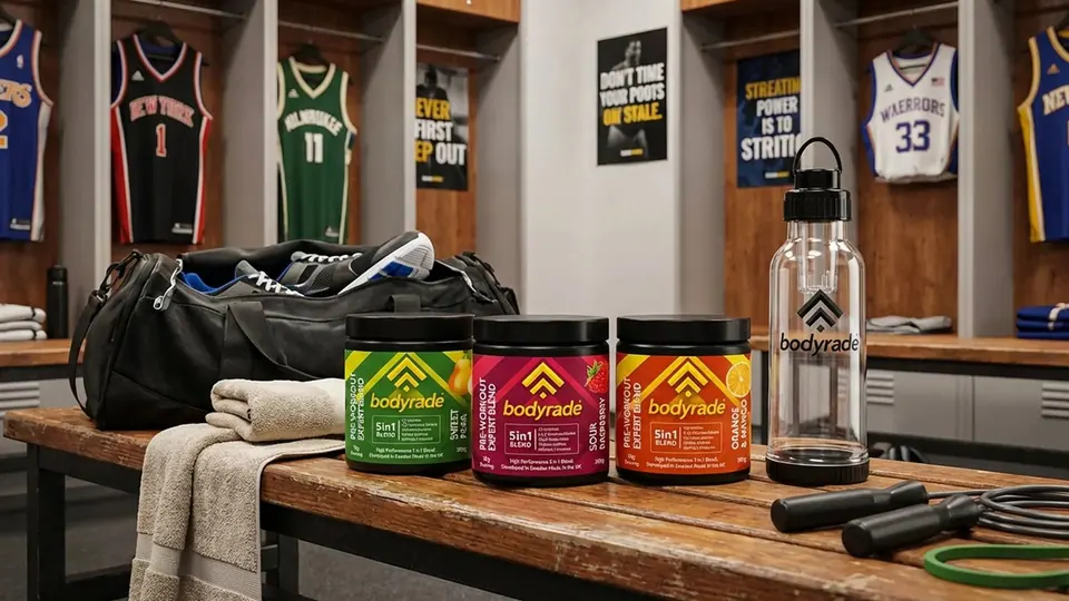 Bodyrade supplement packaging and campaign photography in a sports locker room