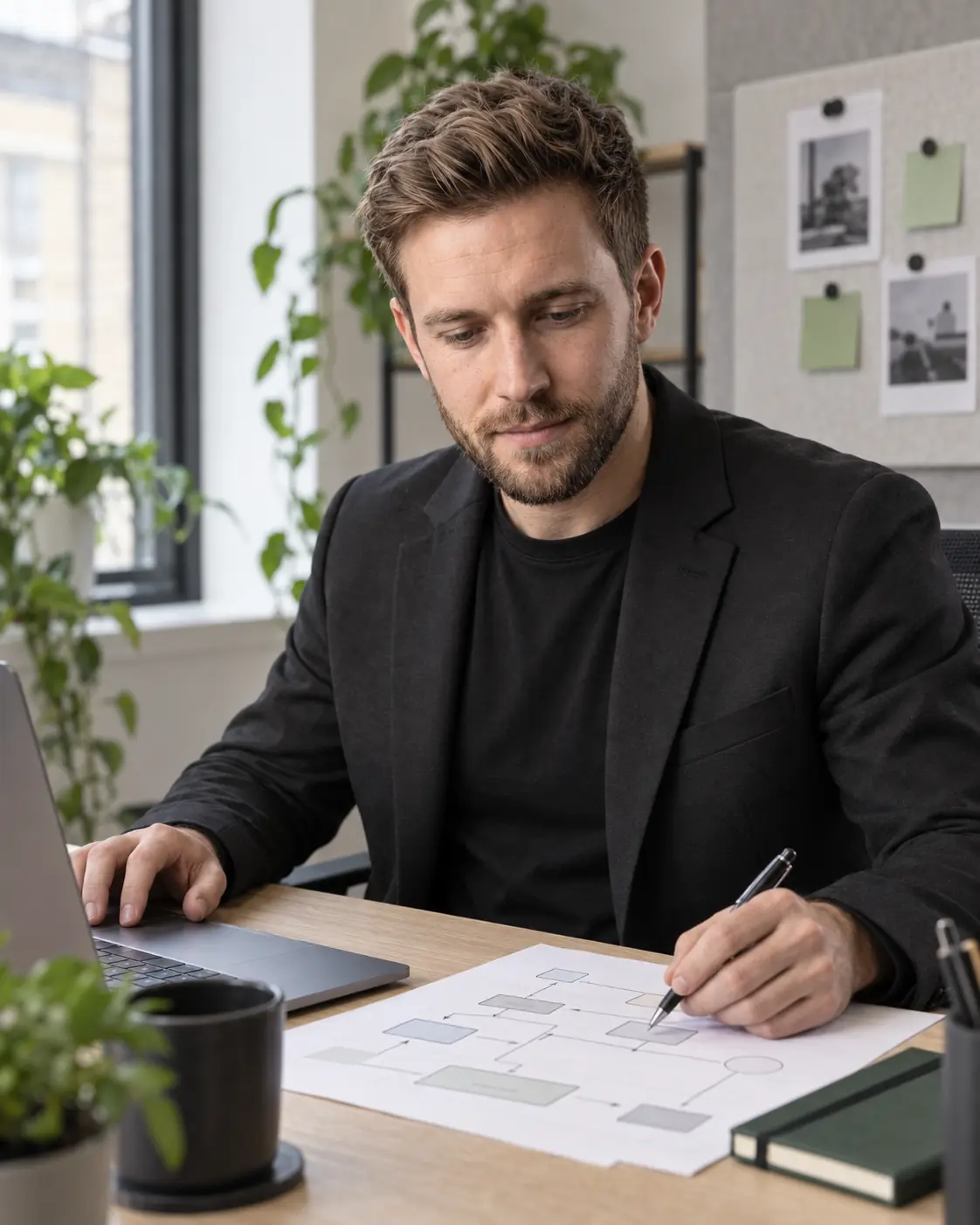 Thomas Edward Bennett reviewing an automation workflow at his desk.