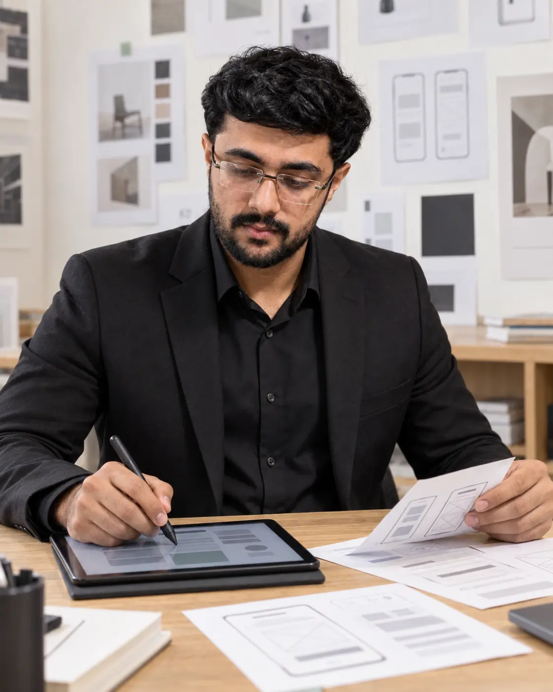 Muhammad Saad sketching and reviewing website interface layouts.