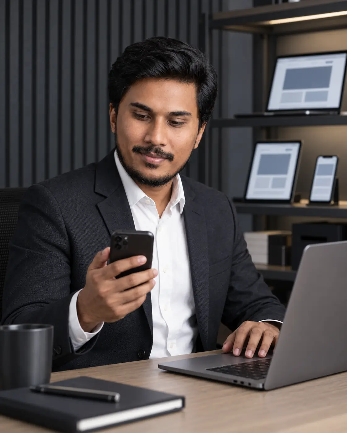 Muhammad Abubakar working between a laptop and mobile device.