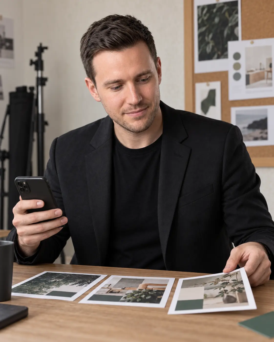 Oliver James Whitmore reviewing social content concepts on his phone and desk.