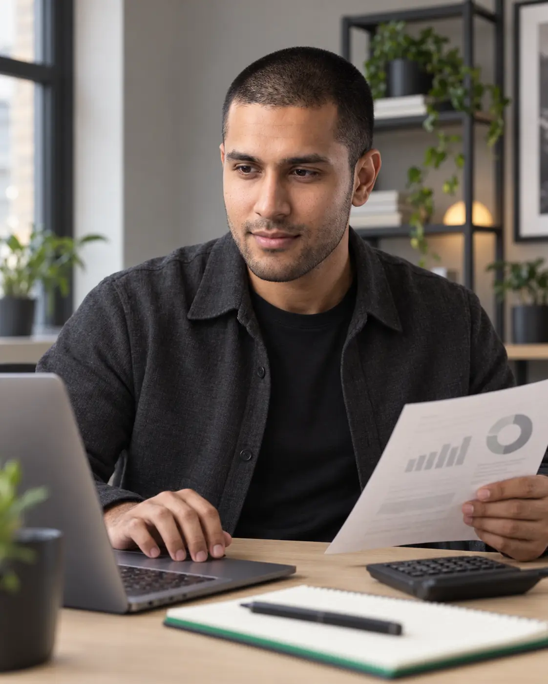Mohsin analysing paid-search performance at his workstation.