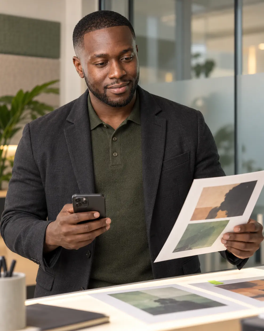 Daniel Kwame Thompson reviewing paid-social creative and campaign material.