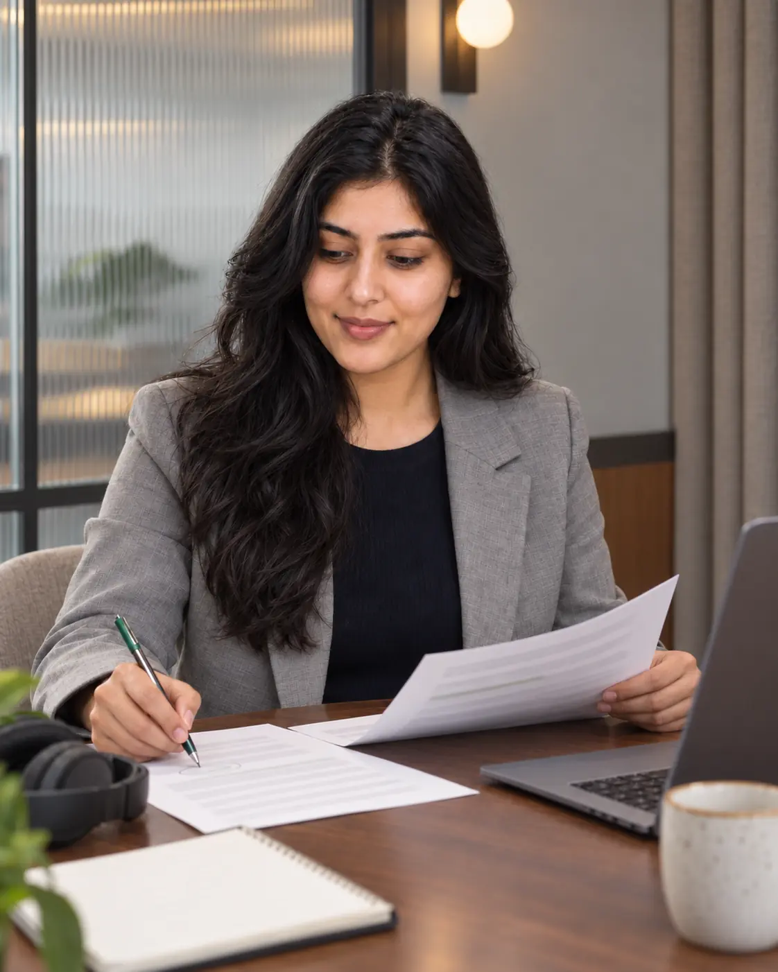 Momna Imran reviewing communication and audit documents at her desk.