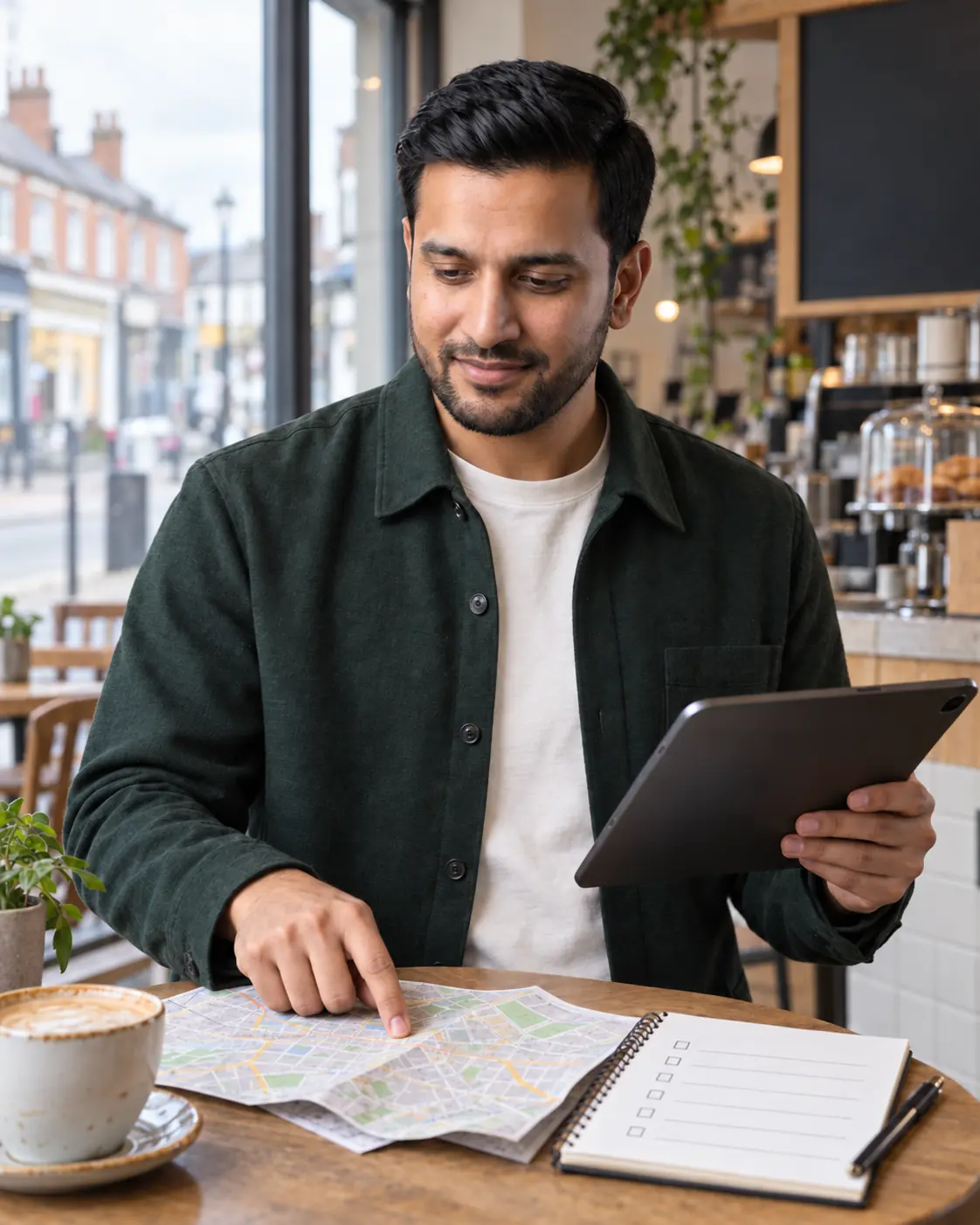 Omran Saleem working with a local map, tablet and planning notes.