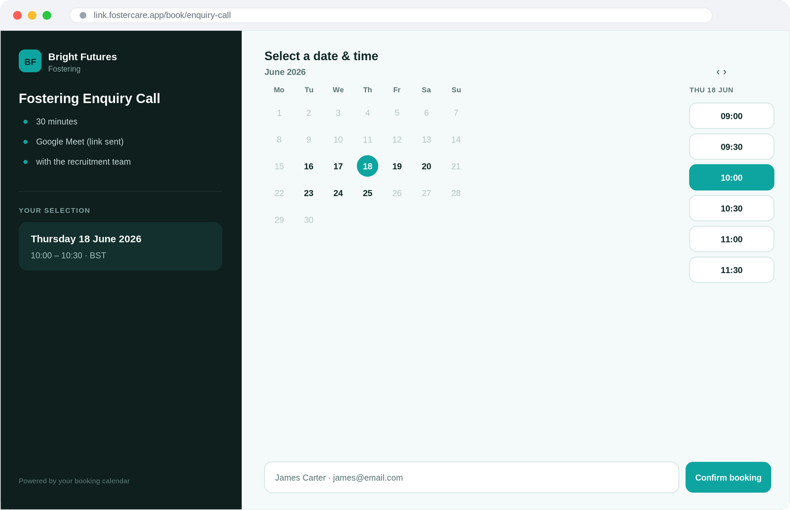 Organic Fostering enquiry and booking platform, a Hulk Marketing build